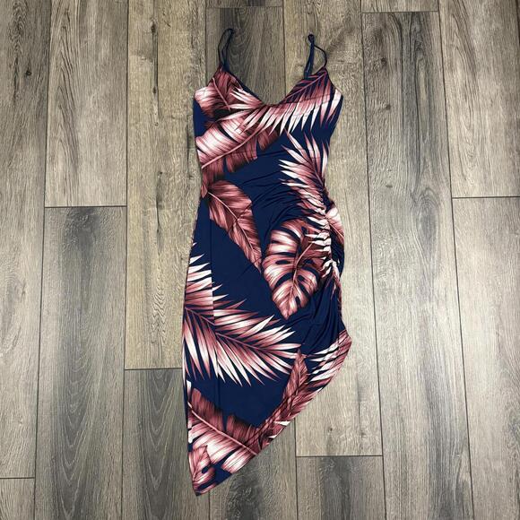 Windsor Tropical Palm Leaf Asymmetrical Ruched Bodycon Dress Navy Pink Medium - Picture 5 of 13